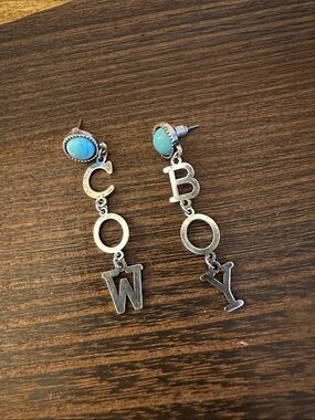 Turquoise Letter Drop Earrings - 'COWBOY' Silver Tone